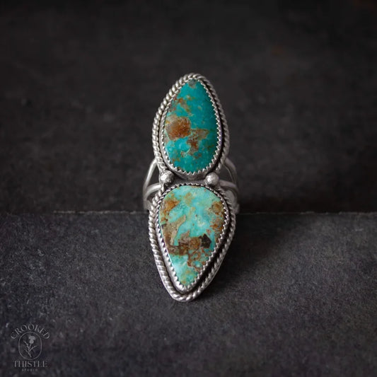 Crooked Thistle #8 Mine and Blue Diamond Nevada Turquoise Ring Size 6.5