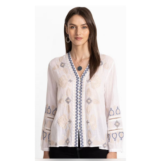 Johnny Was Button Front Lisbon Blouse in White