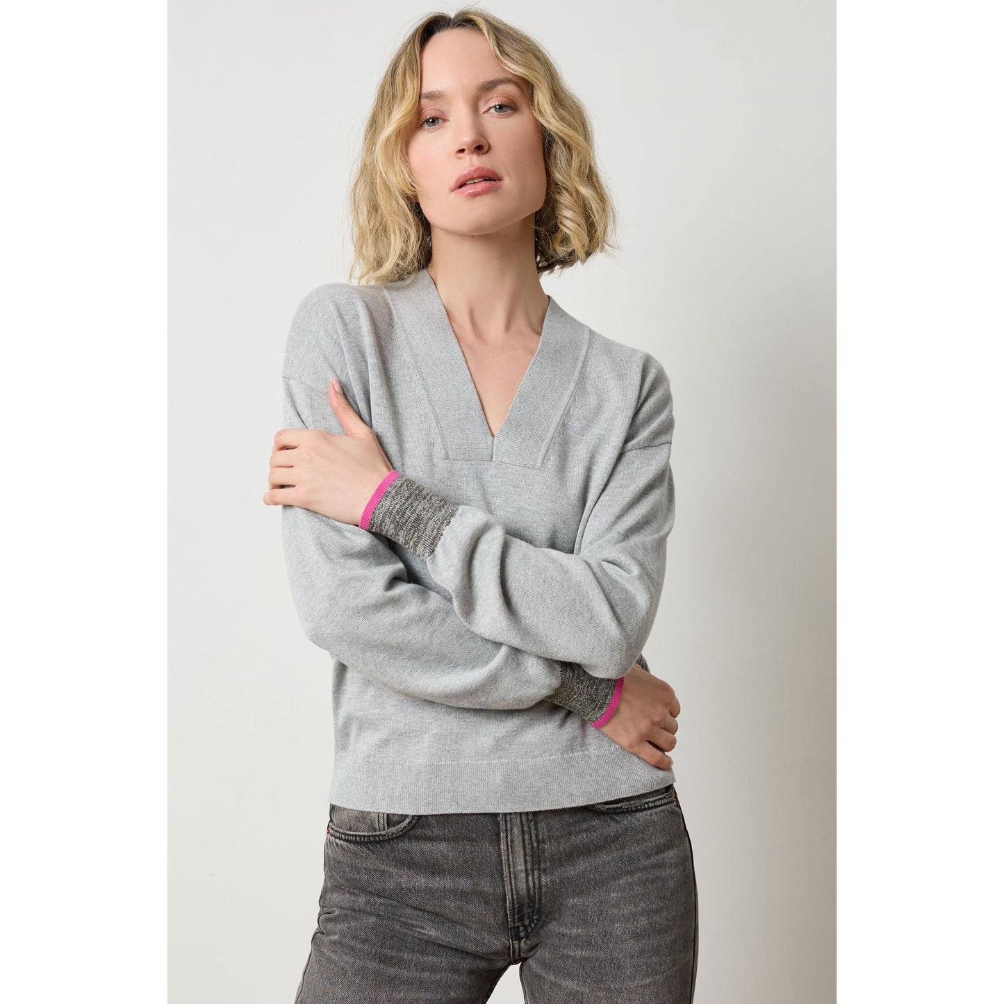 Lilla P V-Neck Pullover Sweater in Heather Grey