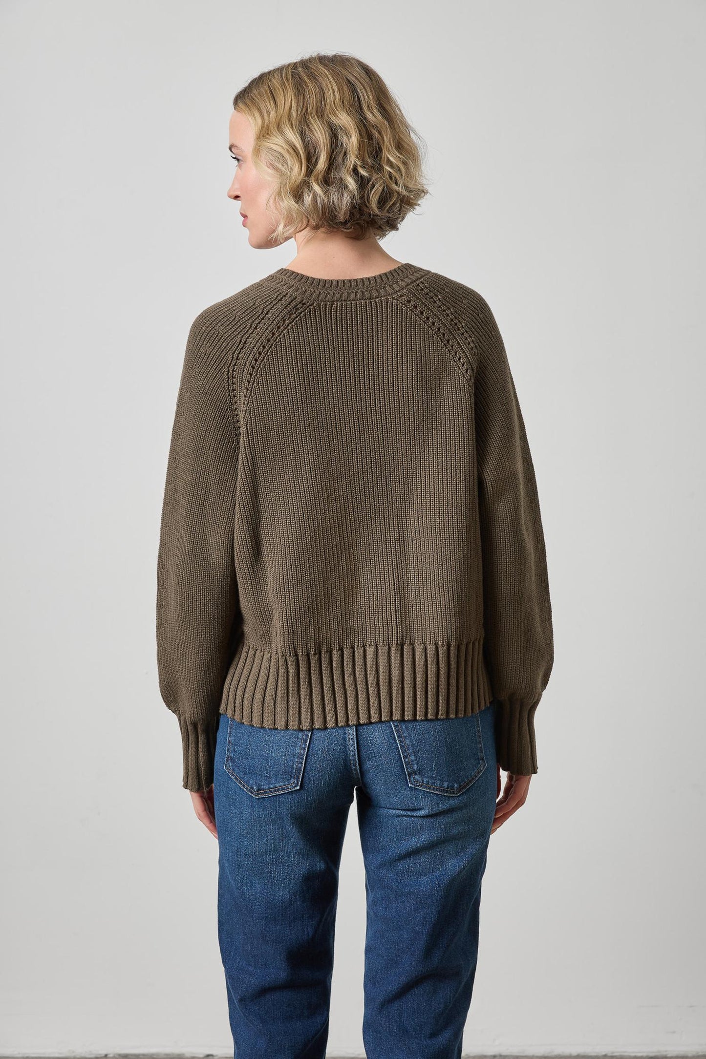 Lilla P Textured V Neck Saddle Sweater in Olive PA3501