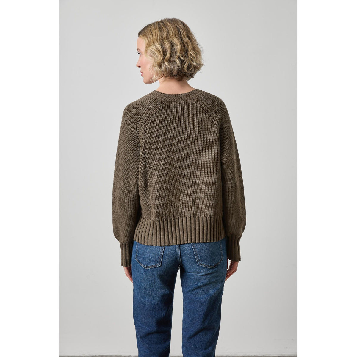 Lilla P Textured V Neck Saddle Sweater in Olive PA3501