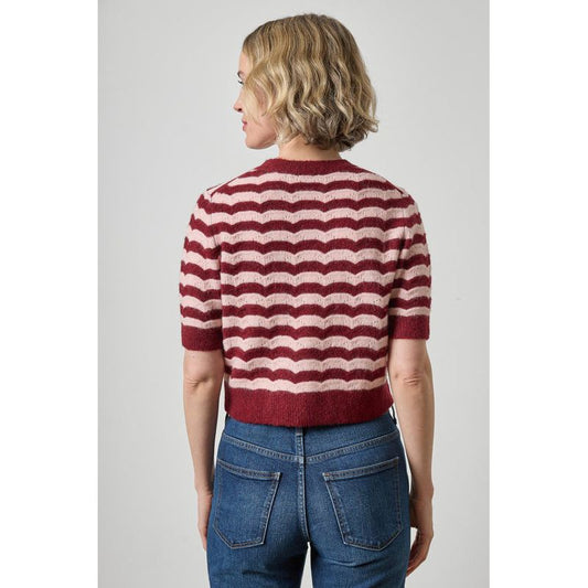 Lilla P Short Sleeve Crewneck Cardigan in Port Stripe