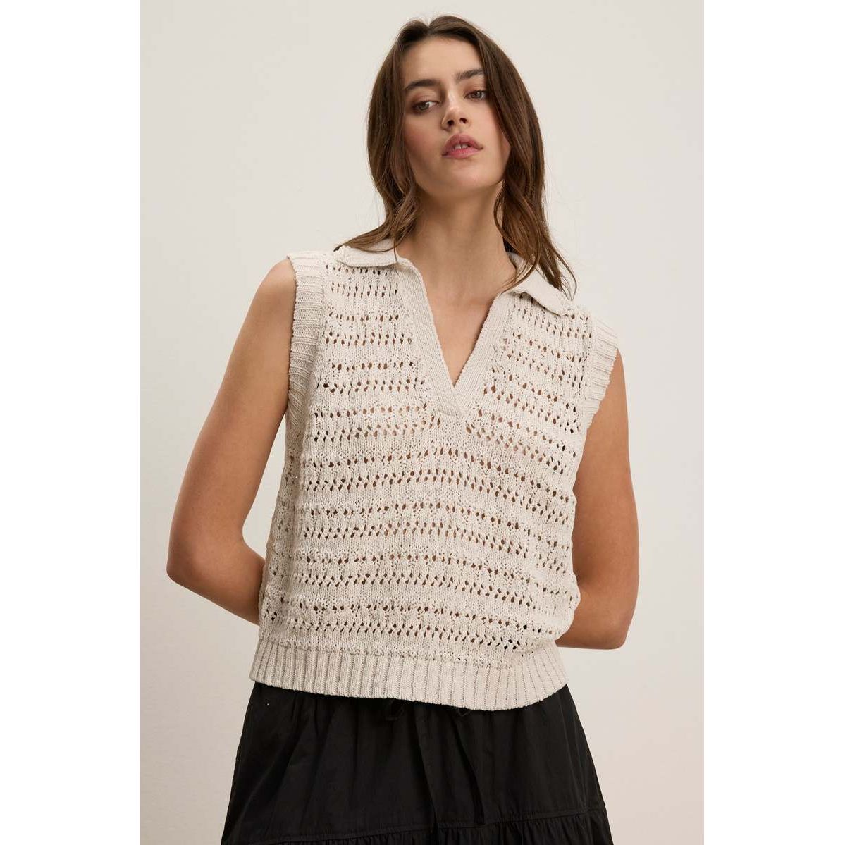 Velvet by Graham & Spencer Renee Cotton Crochet Polo Sweater in Chalk