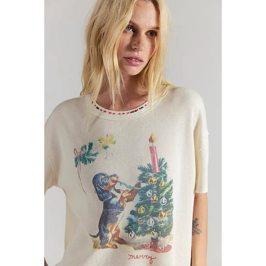 Free People Merry Meowy Tee Ivory Combo