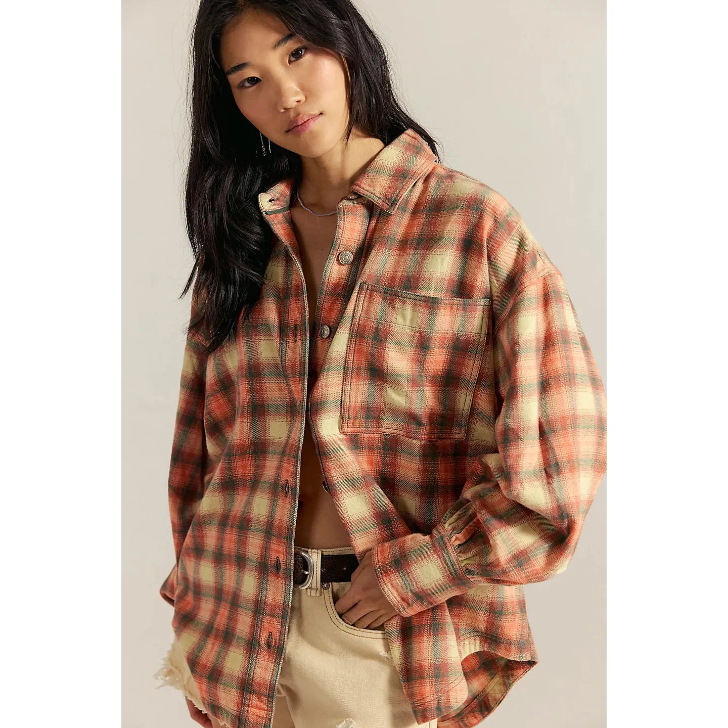 Free People Ashley Plaid Shirt in Sand Combo