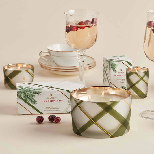 Thymes Frasier Fir Frosted Plaid 3-Wick Candle