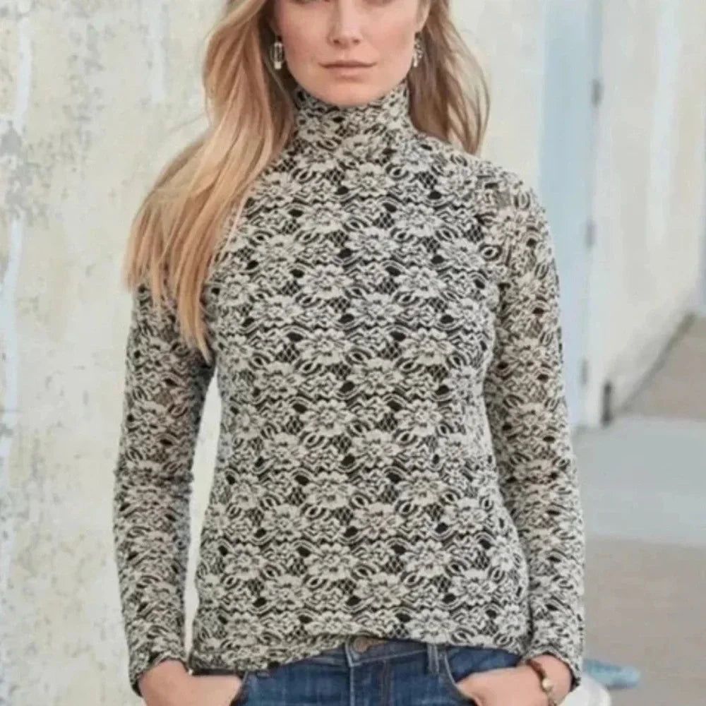 Sundance Semi Sheer Double Lined Black and White Floral Mock Neck Long Sleeve