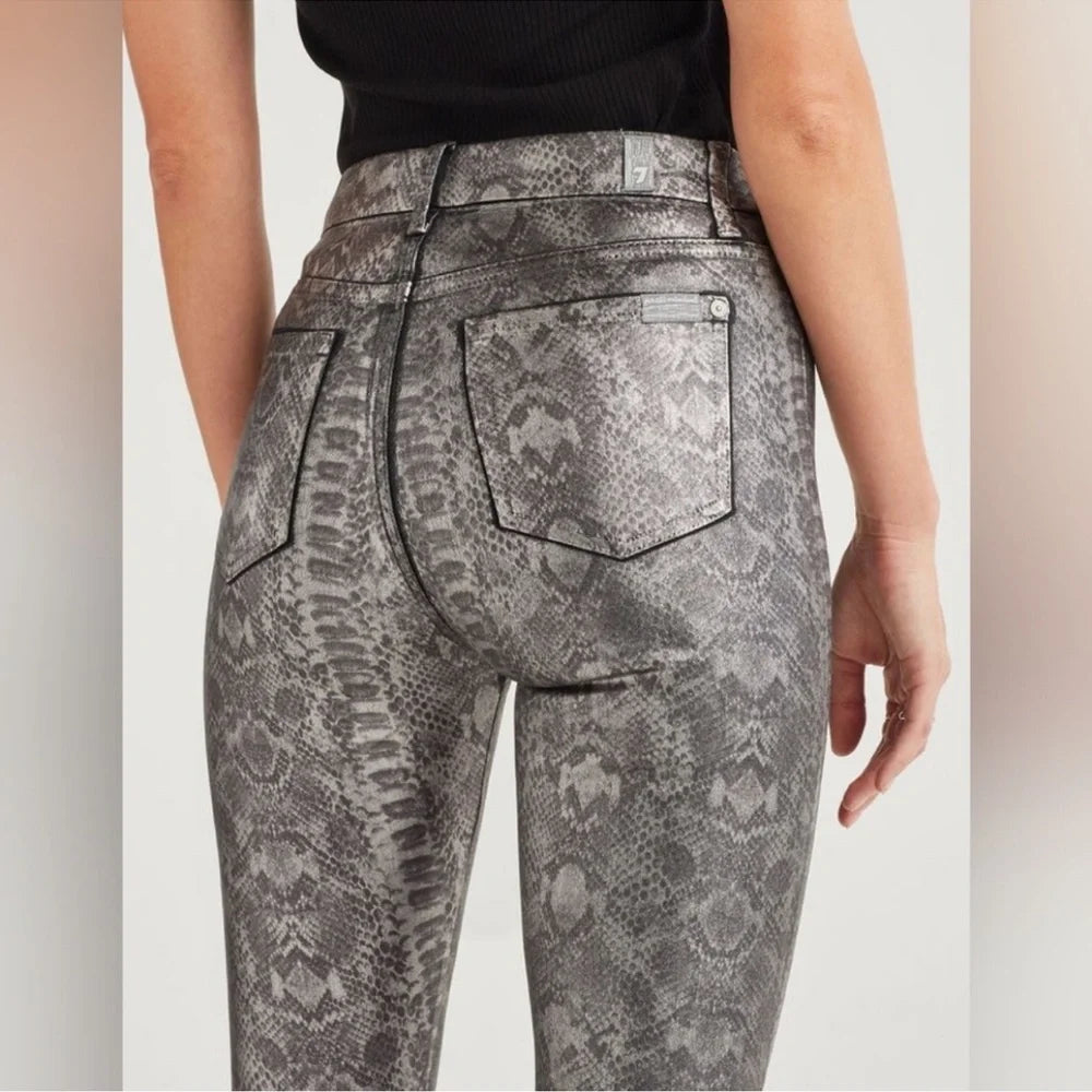 7 For All Mankind Metallic Snake Print Skinny Jeans in Pewter Python