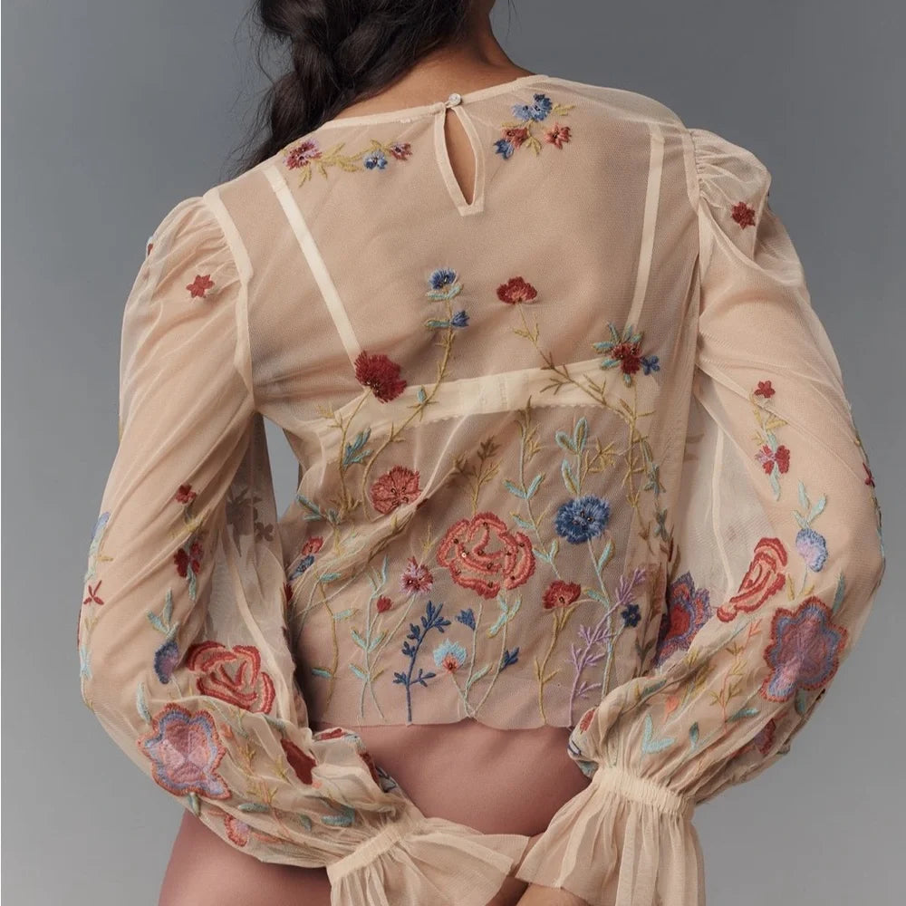 Antrhopologie The Layla Long Sleeve Appliqué Mesh Blouse