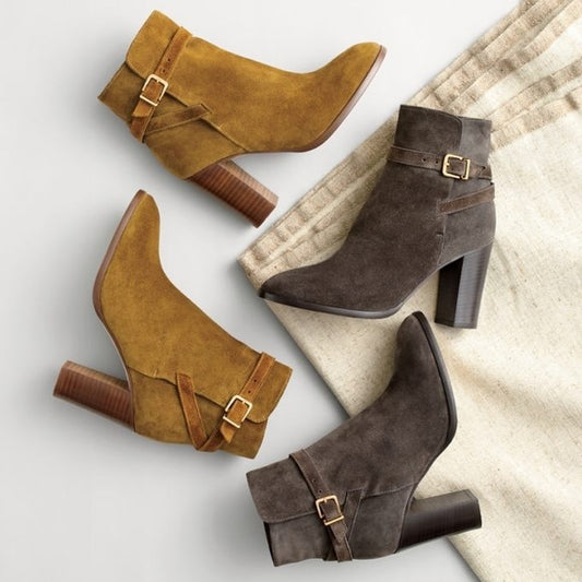J. Crew suede ankle boots with wrap around buckle