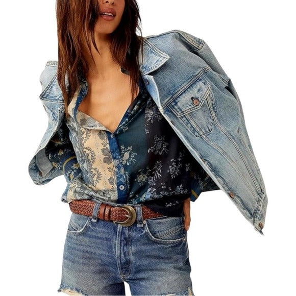 Free People Flower Patch Button Down Flowy Blouse in Indigo Blue