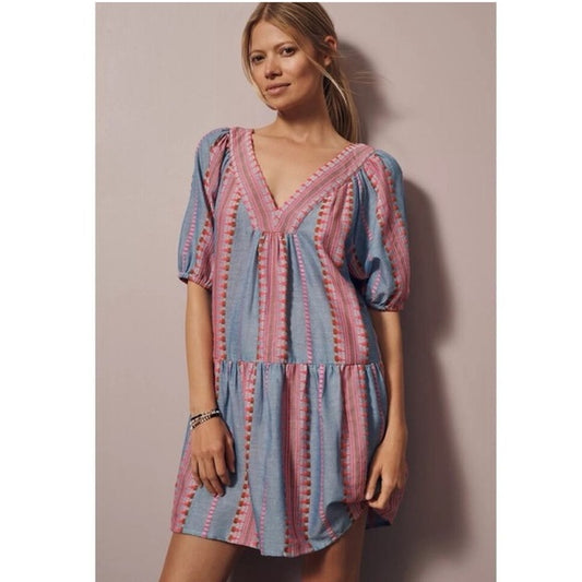 Velvet by Graham & Spencer Zoelle Chambray Blue & Pink Tiered Dress