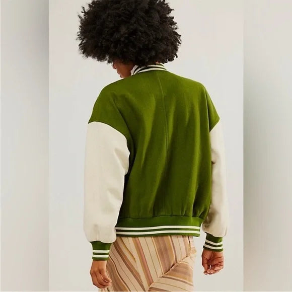Free People Embroidered Wool Varsity Jacket in Green