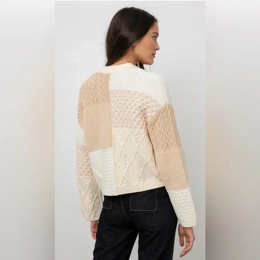 Rails Reece Cream Patchwork Boxy Cable Knit Cardigan