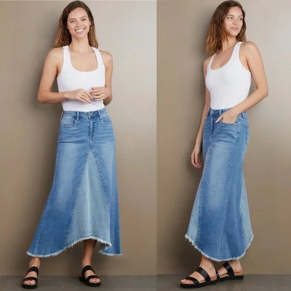 Wash Lab Selma Pieced Denim Mid Rise Frayed Hem Maxi Skirt
