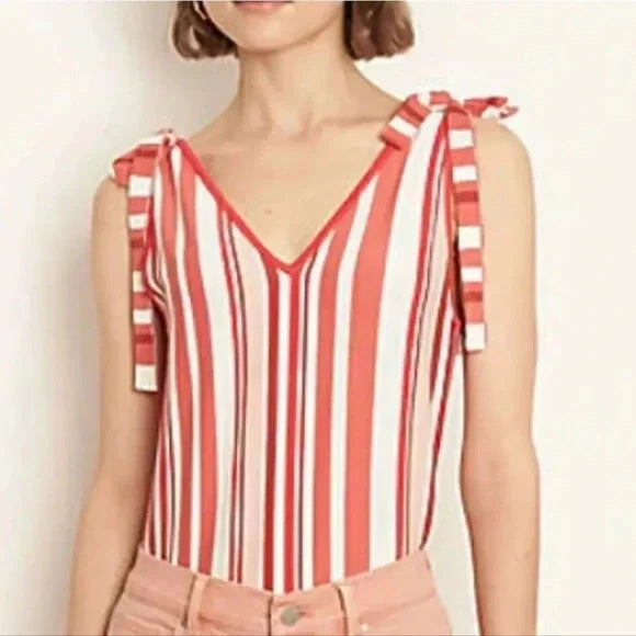 Ann Taylor Pink Coral Striped Tie Shoulder Sweater Tank Top