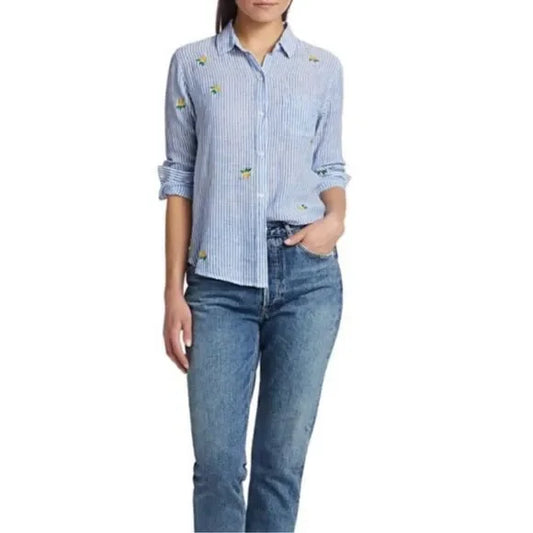 Rails Charli Blue Wite Vertical Stripes with Yellow/Green Embroidered Flowers