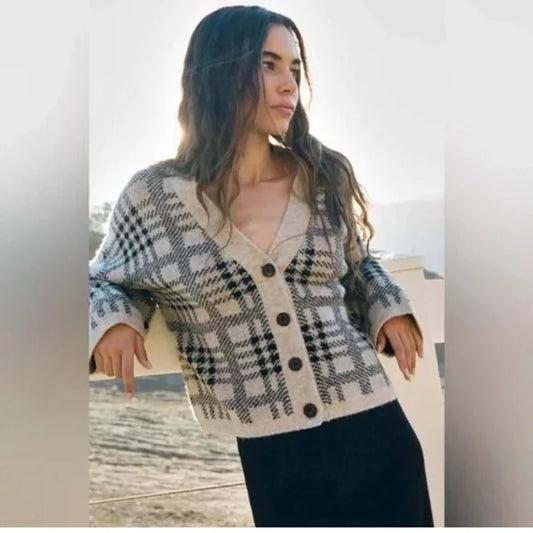 Rails Reese Cardigan in Wool Blend Oatmeal Black Plaid
