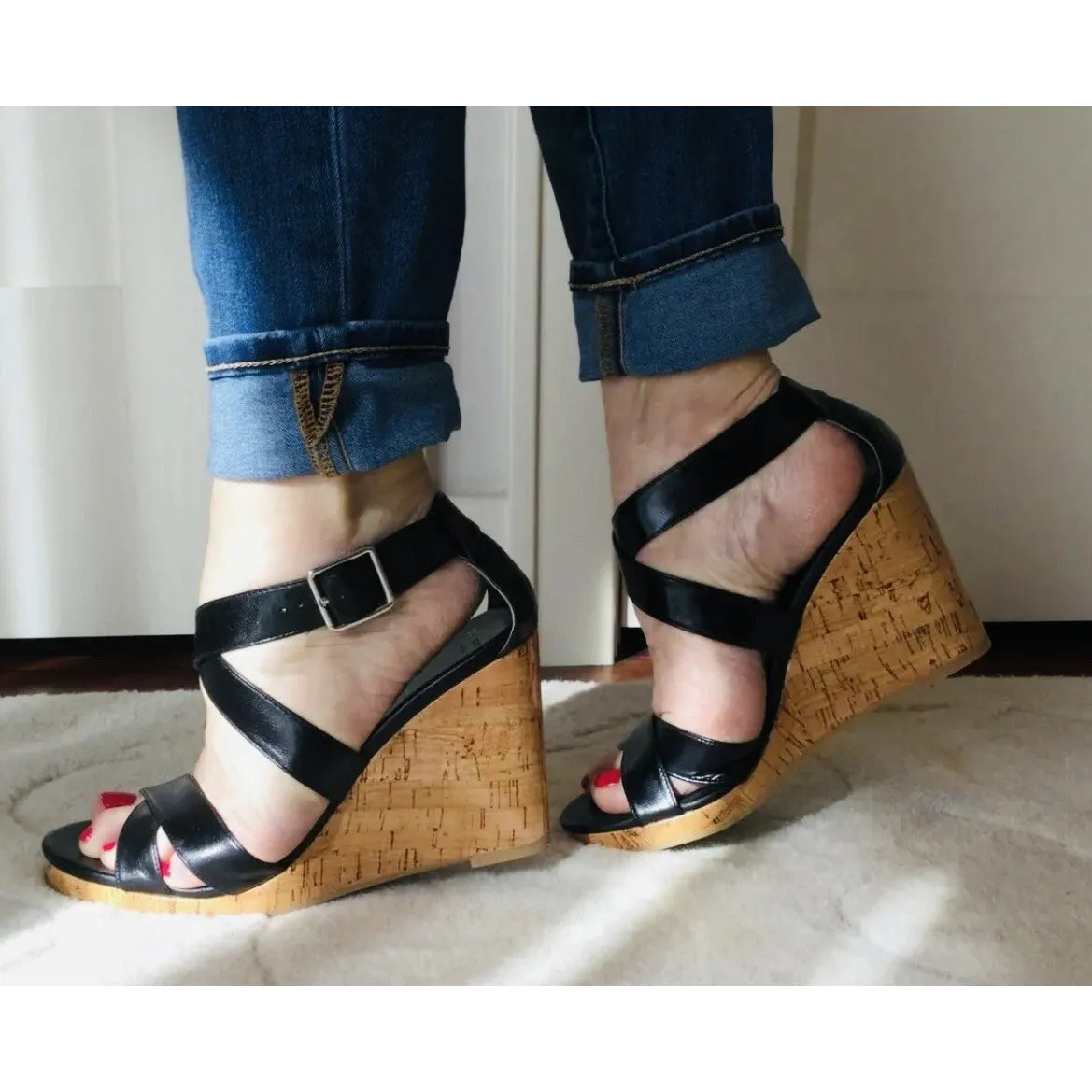 Cole Haan Jillian Wedge Black Platform Leather Sandals