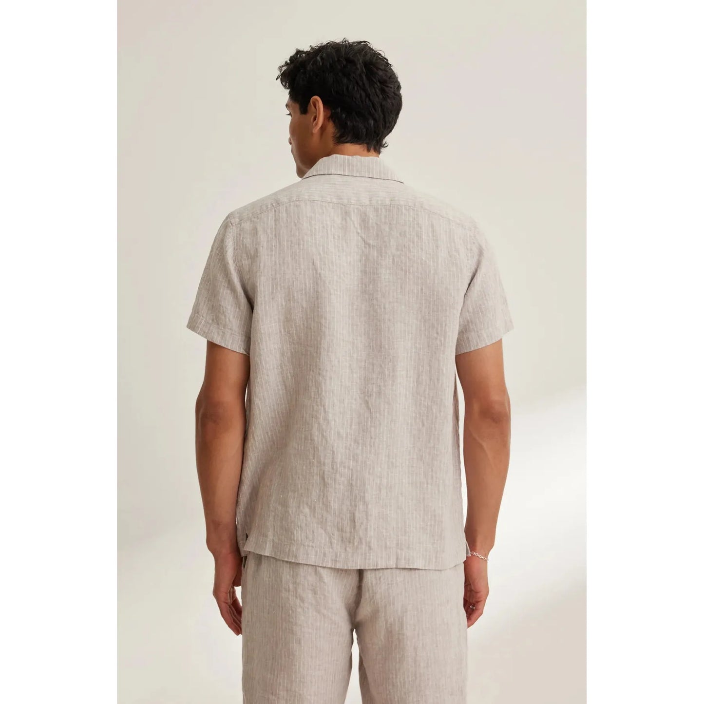Velvetmen Julius Linen Stripe Button Up Shirt in Flax