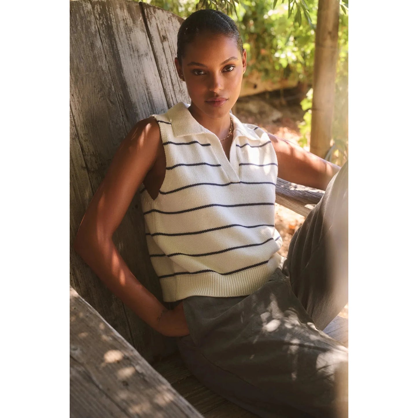 Velvet by Graham and Spencer Nayla Cotton Cashmere Sweater Vest in Milk/Blue
