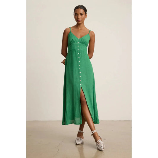 Velvet by Graham & Spencer Janet Woven Linen Button Front Tank Dress in Emerald