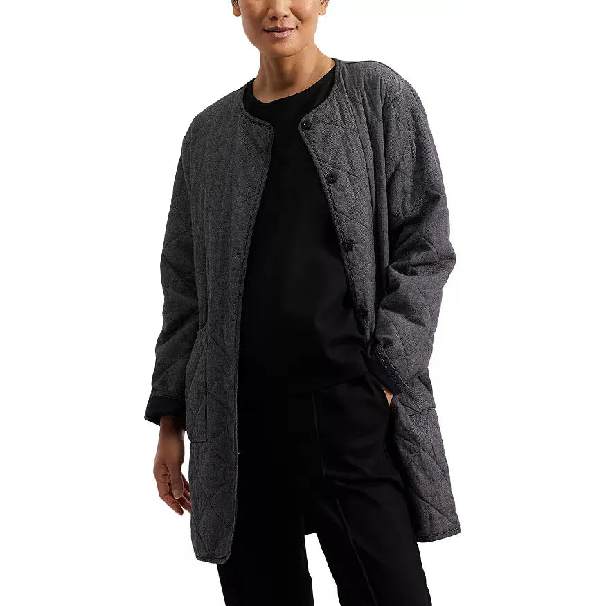 Eileen Fisher Black Long Quilted Cotton Coat