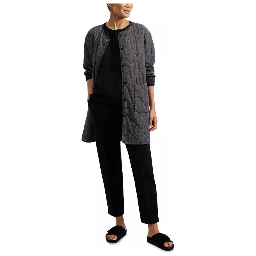 Eileen Fisher Black Long Quilted Cotton Coat