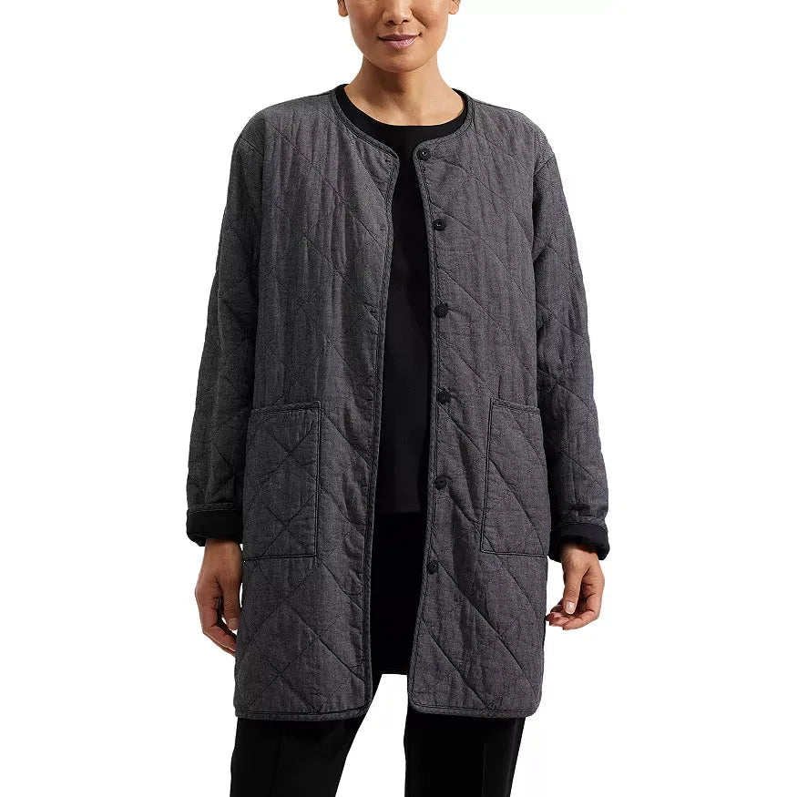 Eileen Fisher Black Long Quilted Cotton Coat