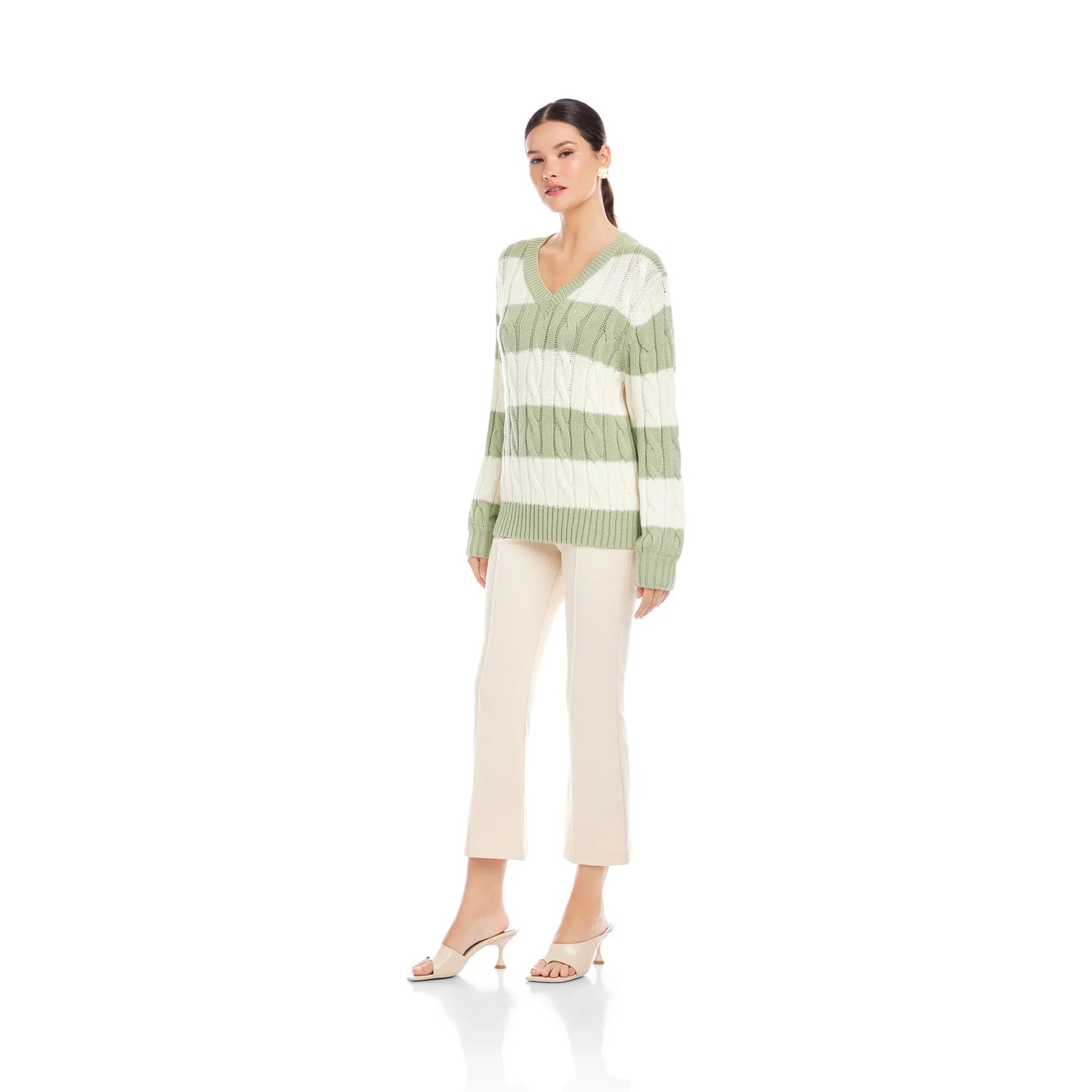 Fifteen Twenty Avalee Striped Cable Sweater in Sage and Cream