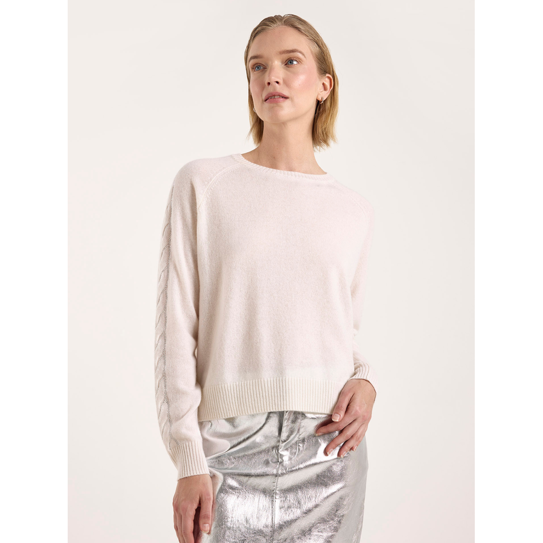 Brodie 100% Cashmere Crystal Cable Sleeve Cashmere Jumper in Organic White