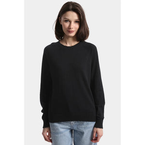 Minnie Rose Cotton Cashmere Frayed Edge Crew Sweater in Black