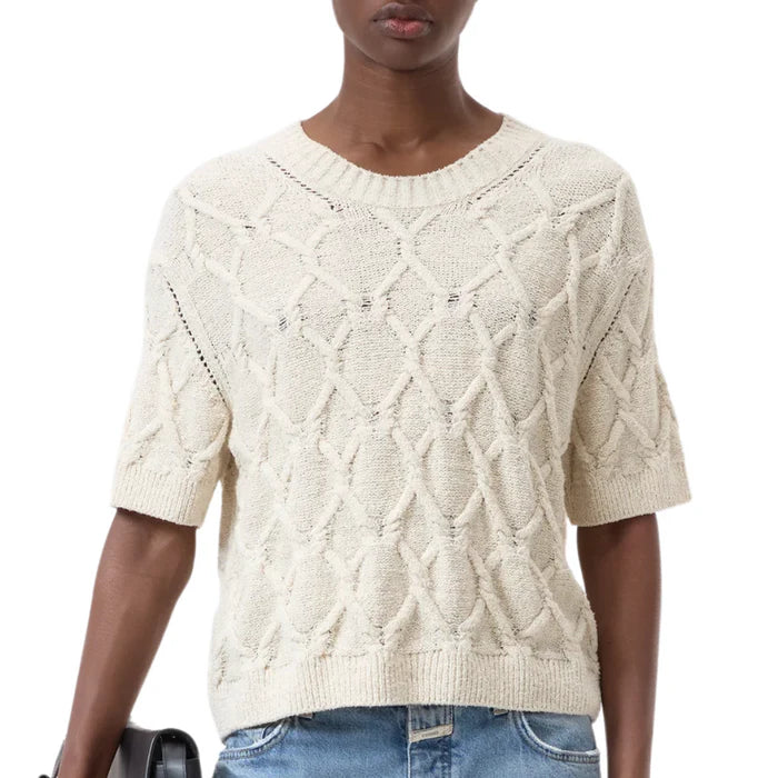 Closed Short-Sleeved Knitted Jumper in Dune Beige