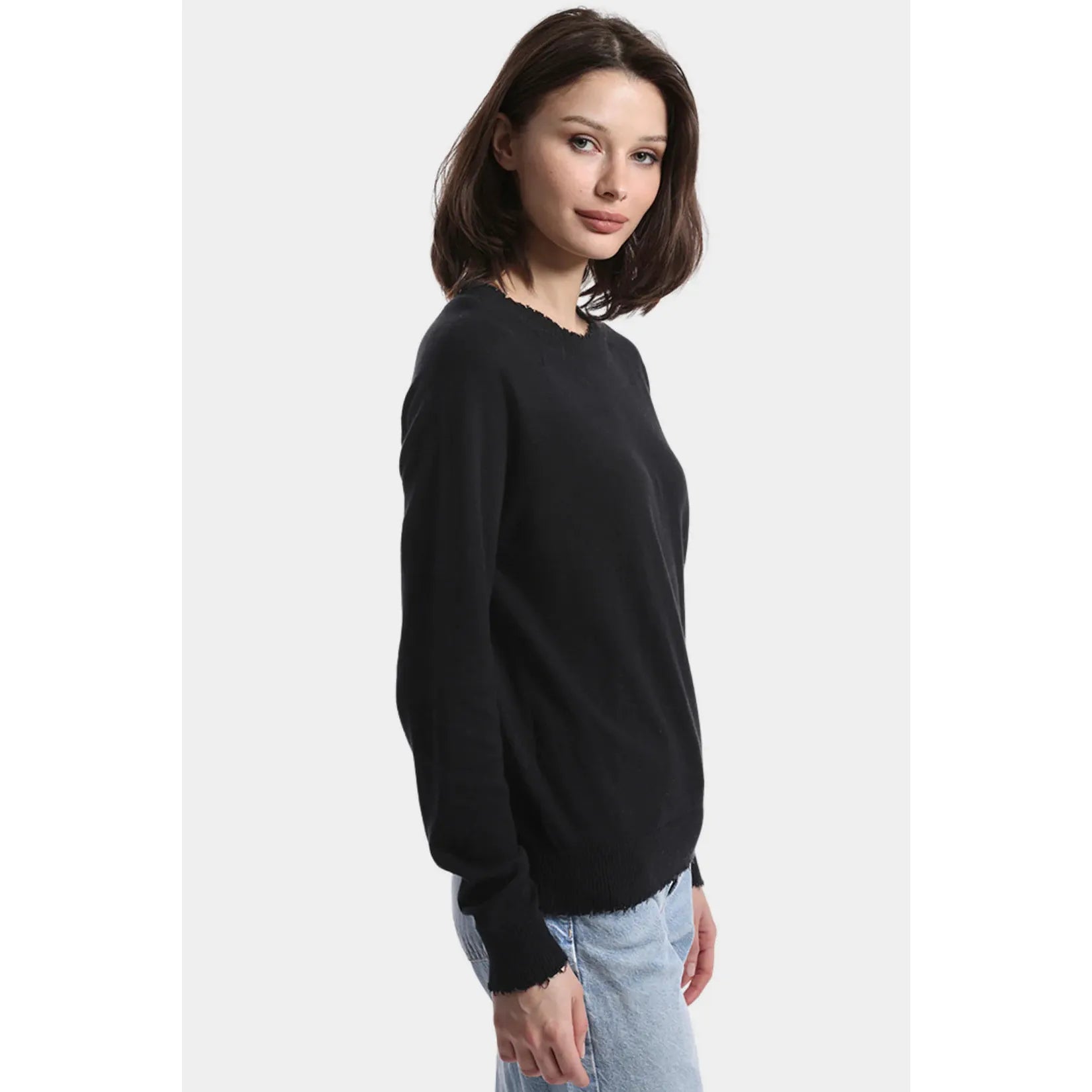 Minnie Rose Cotton Cashmere Frayed Edge Crew Sweater in Black