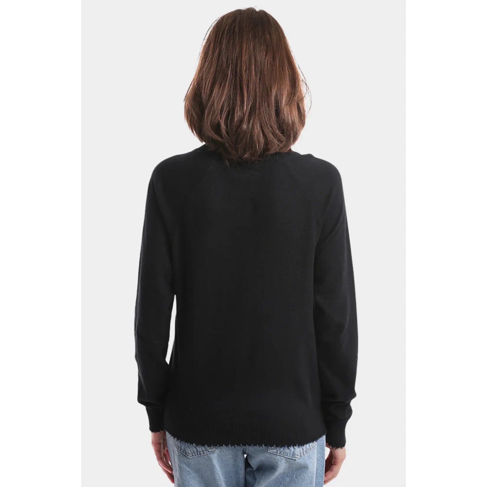 Minnie Rose Cotton Cashmere Frayed Edge Crew Sweater in Black