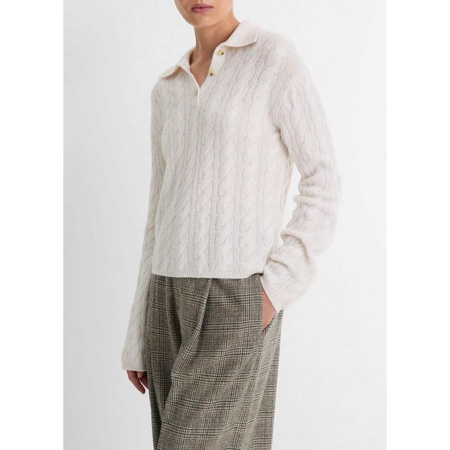 Vince Cable-Knit Wool-Blend Polo Sweater in Off White