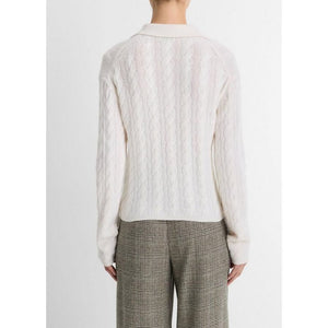 Vince Cable-Knit Wool-Blend Polo Sweater in Off White