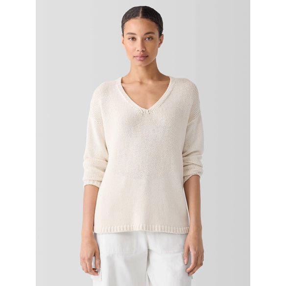 Eileen Fisher Peruvian Organic Cotton Cord Jersey V-Neck Top in Ecru