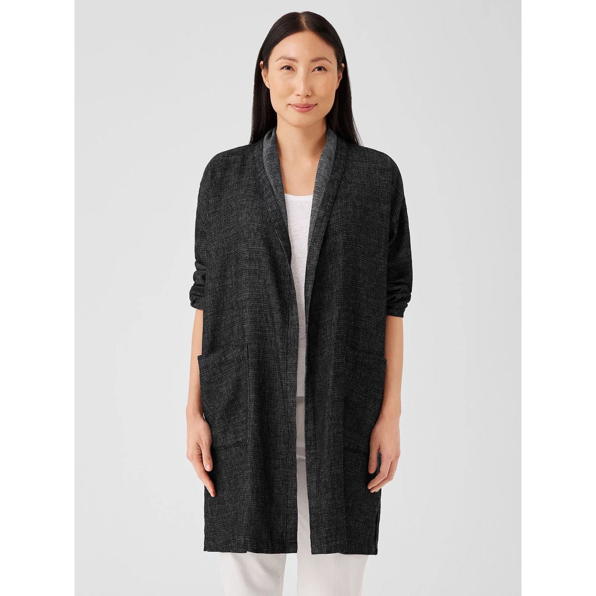 Eileen Fisher Tweedy Hemp Cotton High Collar Coat in Black