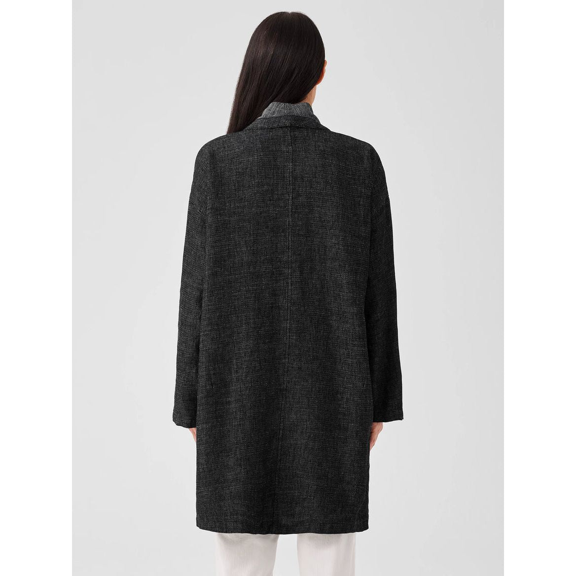 Eileen Fisher Tweedy Hemp Cotton High Collar Coat in Black