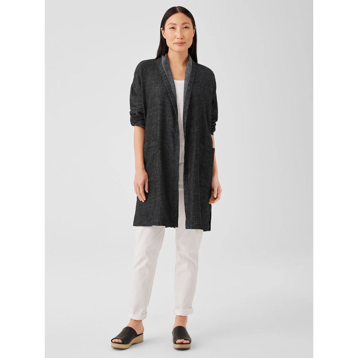 Eileen Fisher Tweedy Hemp Cotton High Collar Coat in Black