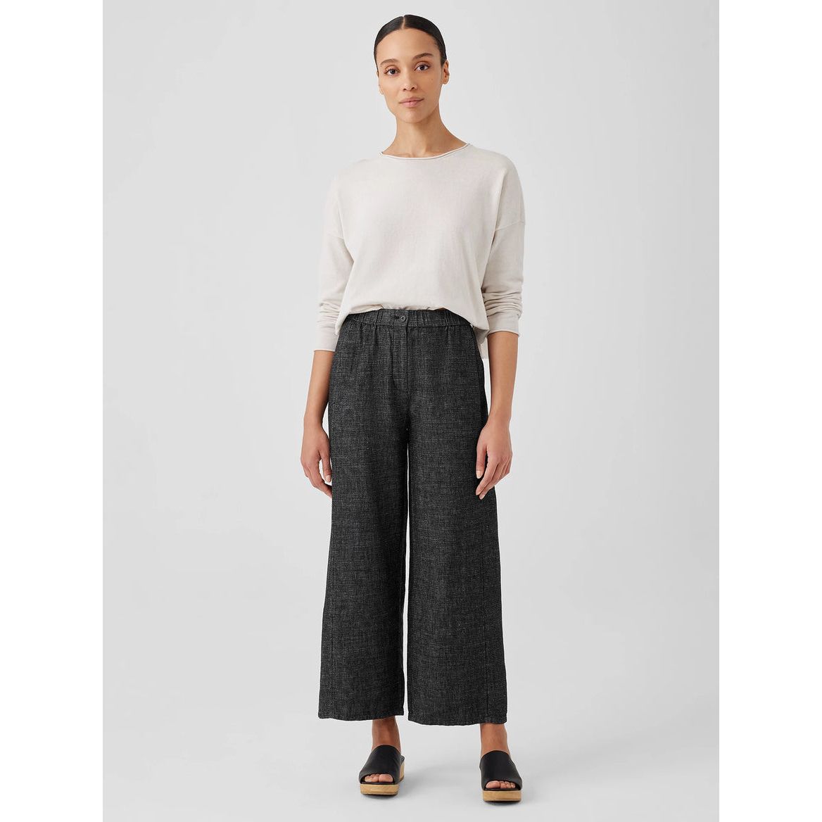 Eileen Fisher Tweedy Hemp Cotton Wide-Leg Pant in Black