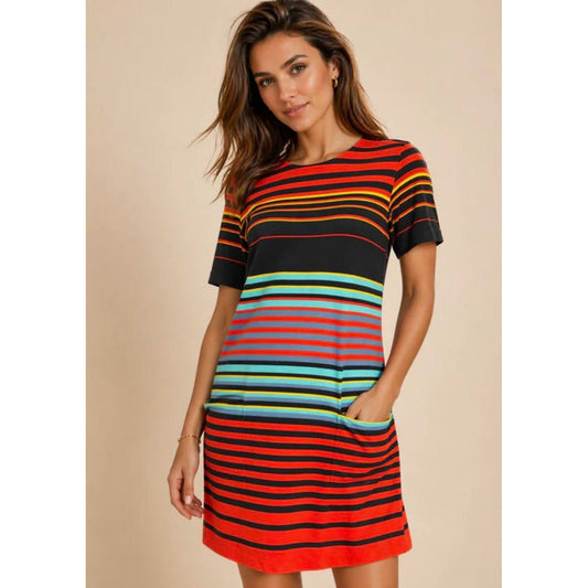 AJ Andrea Jovine Kaleidoscope Striped Short Sleeve Knit Dress