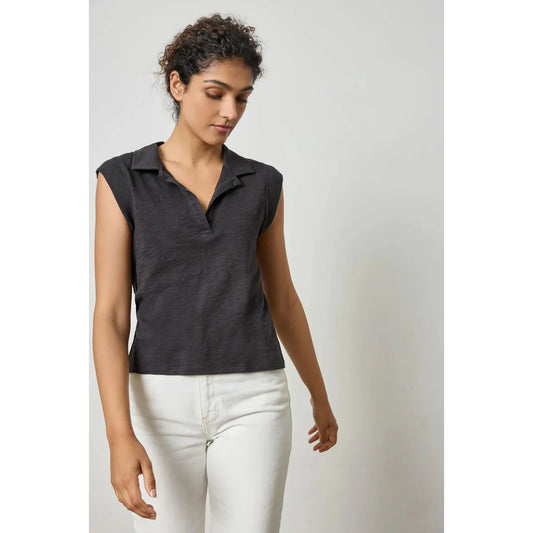 Lilla P Cap Sleeve Polo in Black