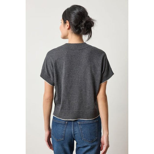 Lilla P Short Sleeve V-Neck Pullover Sweater in Licorice