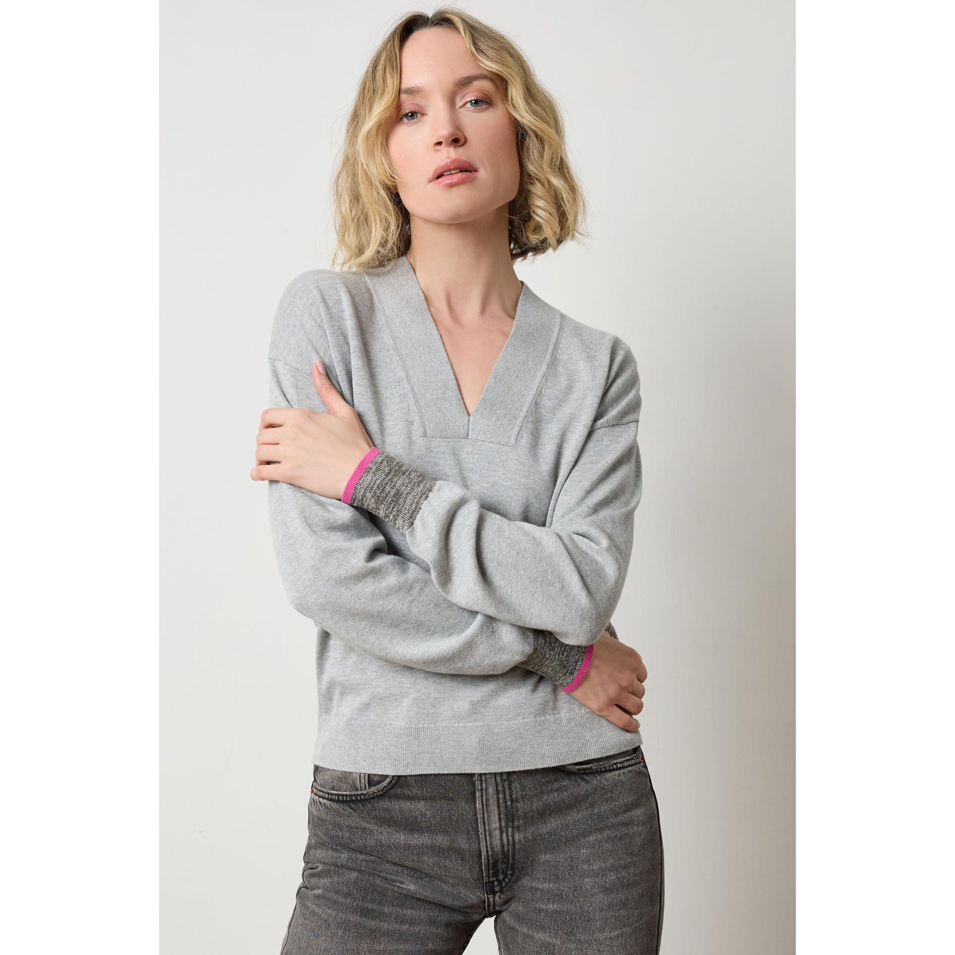 Lilla P V-Neck Pullover Sweater in Heather Grey