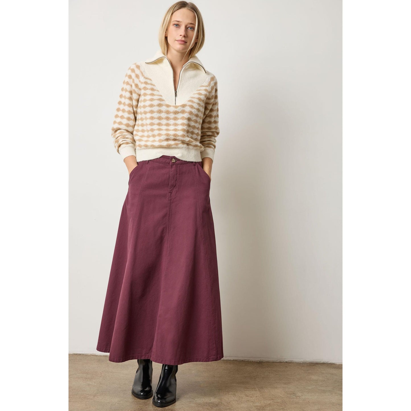 Lilla P Mixed Stich Half Zip in Ivory Birch Stripe