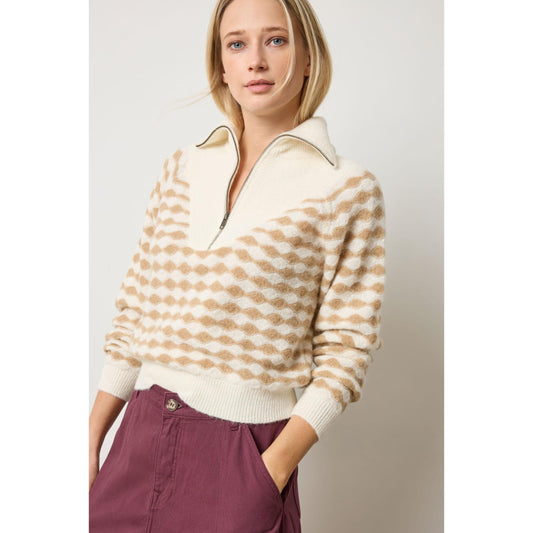 Lilla P Mixed Stich Half Zip in Ivory Birch Stripe