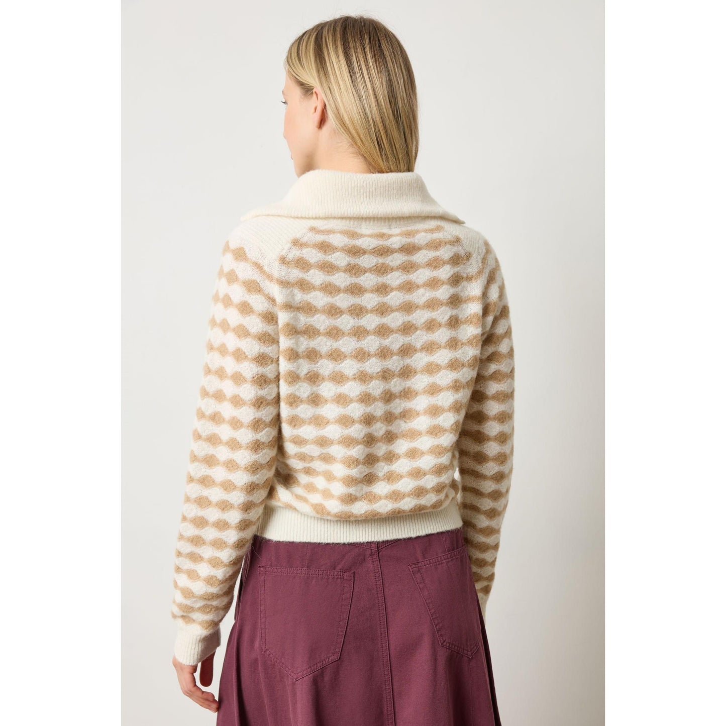 Lilla P Mixed Stich Half Zip in Ivory Birch Stripe