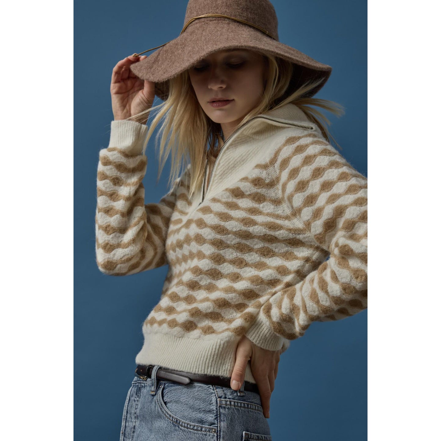 Lilla P Mixed Stich Half Zip in Ivory Birch Stripe